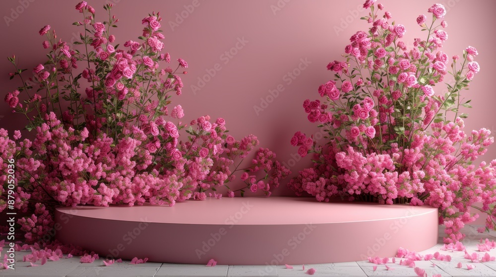 Empty podium with pink flowers Empty podium with pink flowers