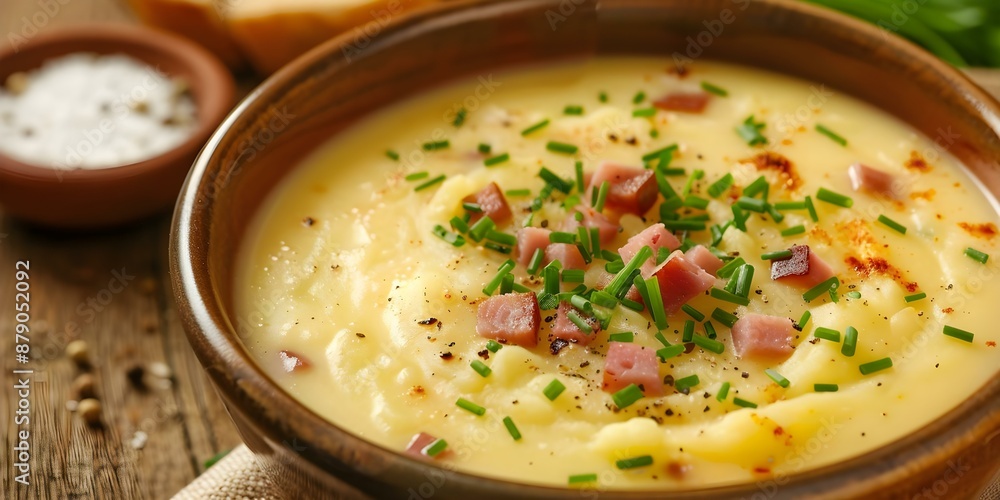 Hearty Bowl of Loaded Baked Potato Soup with Ham, Chives, and Seasonings. Concept Comforting Winter Soup, Hearty Dinner, Cozy Meals, Easy Recipes, Flavorful Ingredients Hearty Bowl of Loaded Baked Potato Soup with Ham, Chives, and Seasonings. Concept Comforting Winter Soup, Hearty Dinner, Cozy Meals, Easy Recipes, Flavorful Ingredients