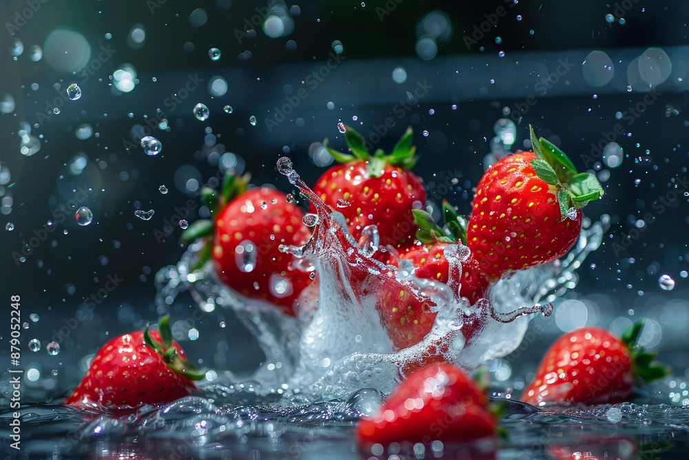 A bunch of red strawberries are falling into a pool of water A bunch of red strawberries are falling into a pool of water