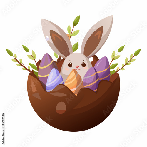 A cute Easter Bunny sits in a chocolate egg. Willow branches, colorful chicken eggs. Vector , (13)