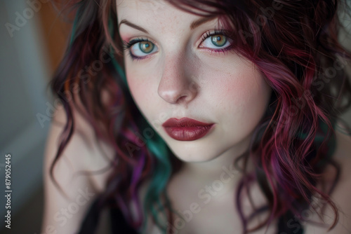 A woman with green and purple hair and red lipstick