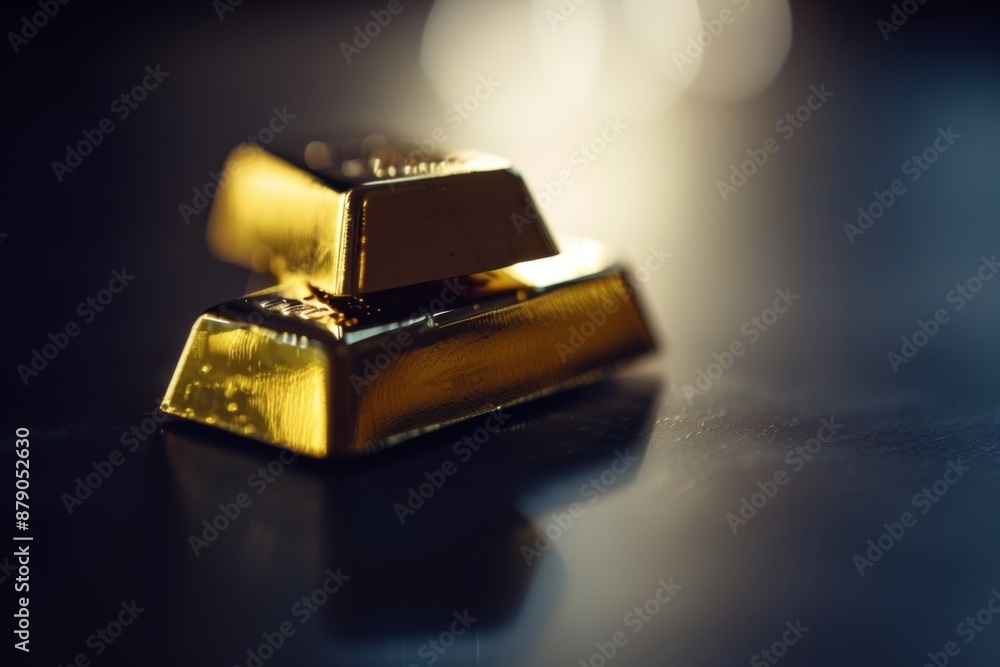 Two gold bars stacked on a dark, reflective surface with a soft bokeh background, highlighting luxury. Two gold bars stacked on a dark, reflective surface with a soft bokeh background, highlighting luxury.