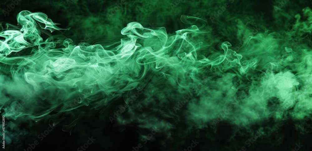 Fototapeta premium Green smoke swirling and curling against a dark background, creating an eerie and mysterious atmosphere.