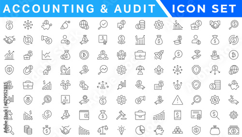 Accounting and audit icon set. Taxes and accounting line icons collection. Check and audit line icons collection. Containing financial statement, accountant, financial audit. Vector illustration