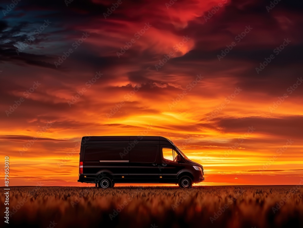 A black van is parked in a field at sunset. The sky is orange and the sun is setting