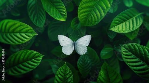 Wallpaper Mural A white butterfly is surrounded by green leaves. The butterfly is the main focus of the image, and the leaves are the background. Concept of tranquility and harmony, as the butterfly Torontodigital.ca