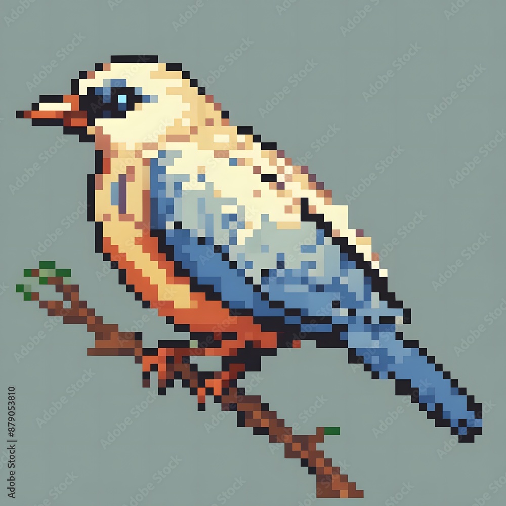 Fototapeta premium 白と青の鳥単体と止まり木のドット絵イラスト