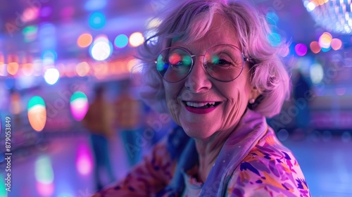 Joyful Senior Woman Dancing at Roller Disco with Twinkle in Eye and Flowing Silver Hair