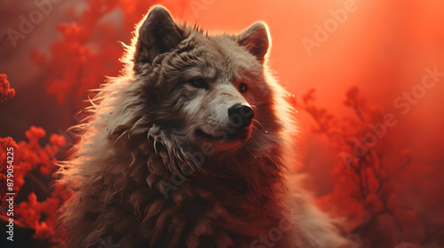 Wolf Portrait in Red Forest Illustration photo