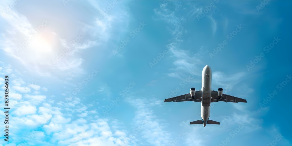 Naklejka premium Promoting Sustainable Aviation Practices Commercial Airplane Soaring Through Clouds. Concept Sustainable Aviation, Commercial Airplanes, Clouds, Eco-Friendly Practices