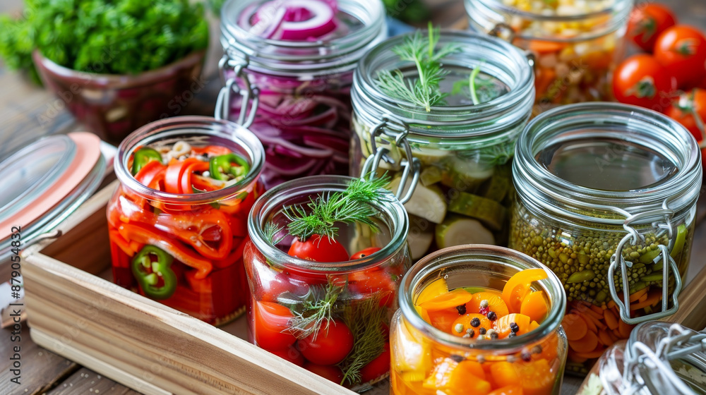 A wooden tray with many jars of food, including pickles, tomatoes, and peppers A wooden tray with many jars of food, including pickles, tomatoes, and peppers
