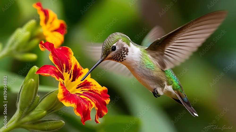 Fototapeta premium Hummingbird Hovering Over Beautiful Flower