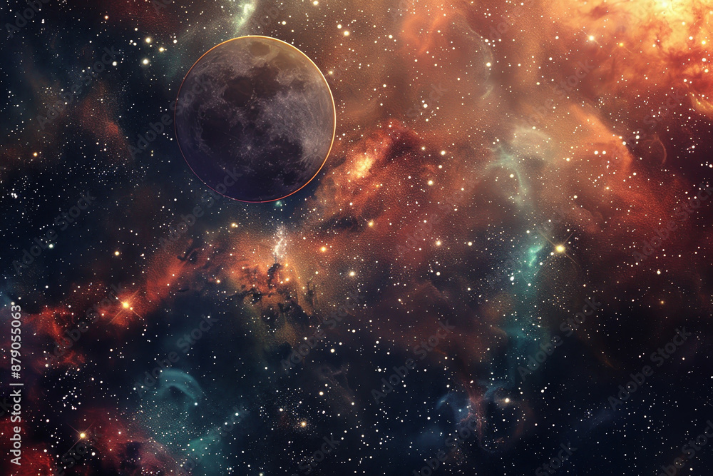 Obraz premium A colorful space scene with a large planet and a moon