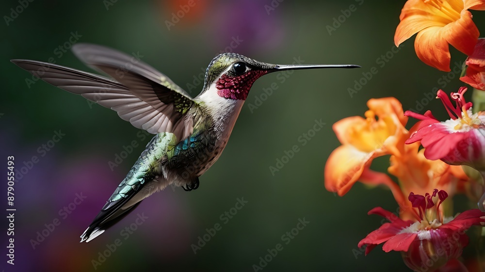Naklejka premium Hummingbird Hovering Over Beautiful Flower