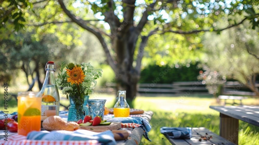 Fototapeta premium An outdoor picnic table under a shady tree, set with a casual lunch spread and colorful summer drinks, ideal for a family gathering.
