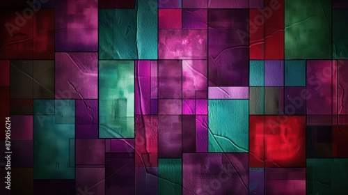 A sophisticated abstract background featuring a grid of geometric patterns in deep jewel tones, with squares and rectangles in luxurious hues of amethyst purple, emerald green, and ruby red