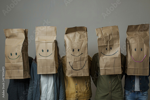 A group of people are wearing paper bags with smiling faces on them photo