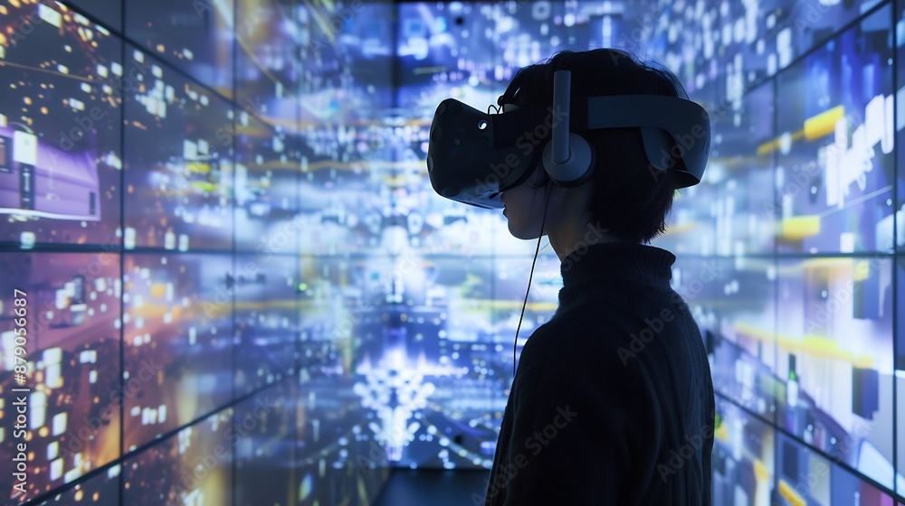 Woman in VR Headset Experiencing Digital World Woman in VR Headset Experiencing Digital World