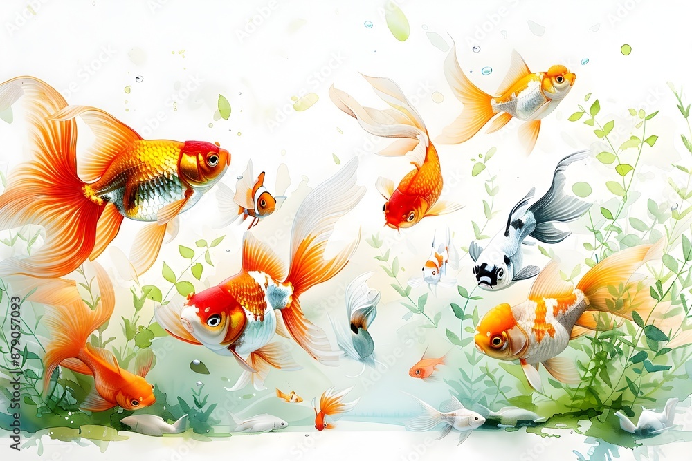 Naklejka premium Vibrant Underwater Ecosystem with Goldfish,Angelfish,and Siamese Fighting Fish