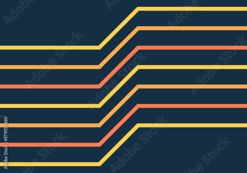 Fondo futurista de líneas rectas paralelas amarilla, naranja y rojo en fondo azul oscuro