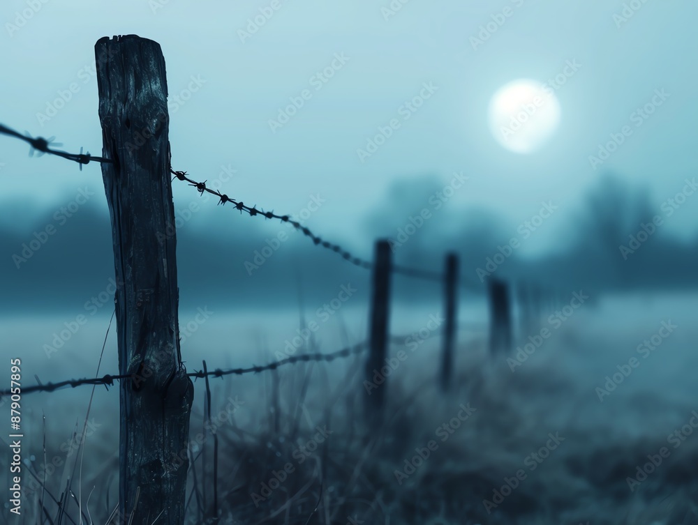 Fog rolling over a moonlit field, Halloween, eerie landscape Fog rolling over a moonlit field, Halloween, eerie landscape