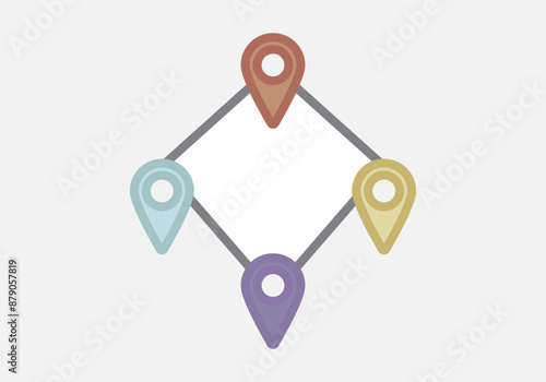 Marcadores de ubicación rojo, azul, amarillo y morado con trazo de ruta
