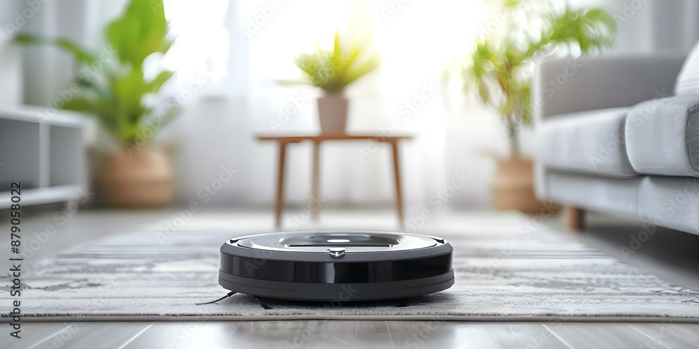 Effortlessly cleaning a modern home with a modern robot vacuum cleaner. Concept Smart Home Technology, Robotic Vacuum Cleaner, Modern Cleaning, Effortless Cleaning, Home Cleaning Effortlessly cleaning a modern home with a modern robot vacuum cleaner. Concept Smart Home Technology, Robotic Vacuum Cleaner, Modern Cleaning, Effortless Cleaning, Home Cleaning
