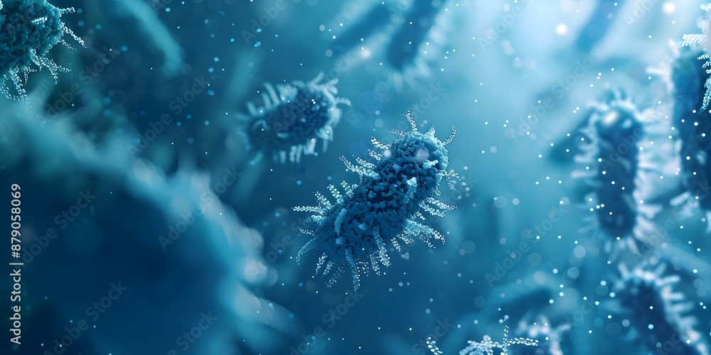 Exploring Medical Microbiology and Virology through Microscopic Bacteria in a Blue Background. Concept Medical Microbiology, Virology, Microscopic Bacteria, Blue Background, Laboratory Research Exploring Medical Microbiology and Virology through Microscopic Bacteria in a Blue Background. Concept Medical Microbiology, Virology, Microscopic Bacteria, Blue Background, Laboratory Research