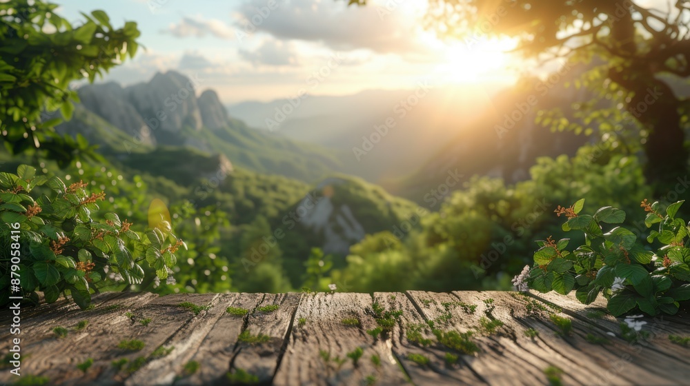 Wooden table in front of beautiful nature landscape with morning sunrise. Wooden table in front of beautiful nature landscape with morning sunrise.
