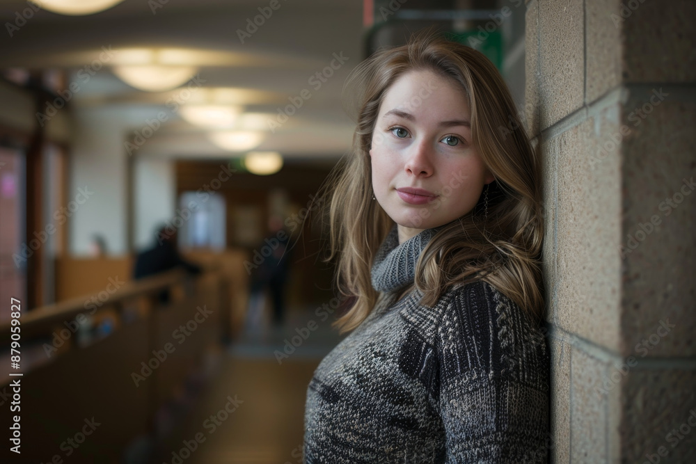 A woman is standing in a hallway with her back to the camera A woman is standing in a hallway with her back to the camera