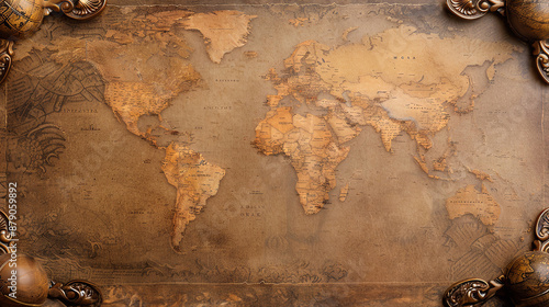 Fototapeta Naklejka Na Ścianę i Meble -  A vintage world map with an ornate frame