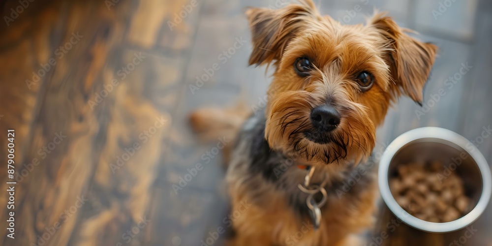Excited Small Dog Waiting to Eat from His Food Bowl. Concept Small Dog, Excited, Eating, Food Bowl Excited Small Dog Waiting to Eat from His Food Bowl. Concept Small Dog, Excited, Eating, Food Bowl