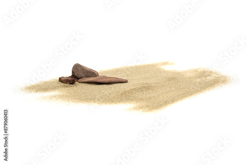 Pile desert sand dune and stone isolated on white background, high potential, side view