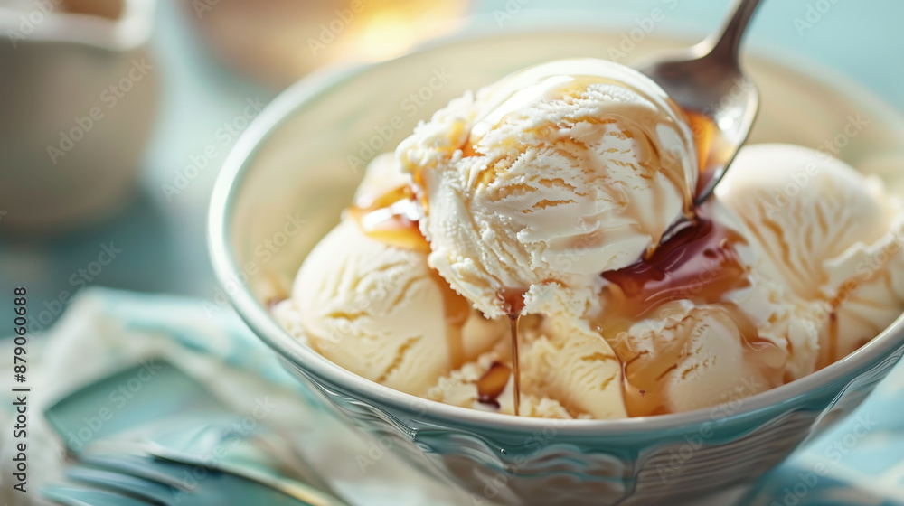 A bowl of ice cream with caramel sauce on top A bowl of ice cream with caramel sauce on top