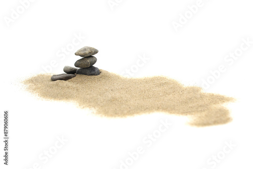 Pile desert sand dune and stone isolated on white background, high potential, side view