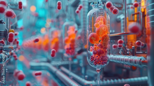 Close-up of a sophisticated biotechnological setup with glowing cells in glass containers, representing advanced research and innovation. photo