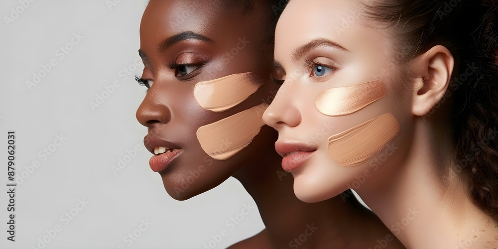Fototapeta premium Three diverse women applying foundation swatches on their cheeks. Concept Makeup tutorial, Beauty influencers, Diverse representation, Foundation swatches, Cheek application