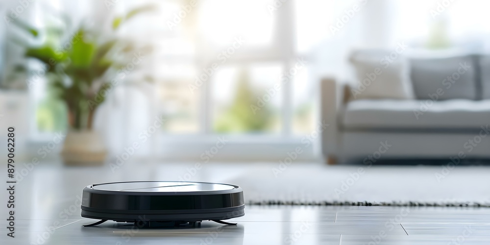 Automated vacuuming in a futuristic living room. Concept Futuristic Technology, Smart Home, Automation, Home Cleaning, Innovation Automated vacuuming in a futuristic living room. Concept Futuristic Technology, Smart Home, Automation, Home Cleaning, Innovation