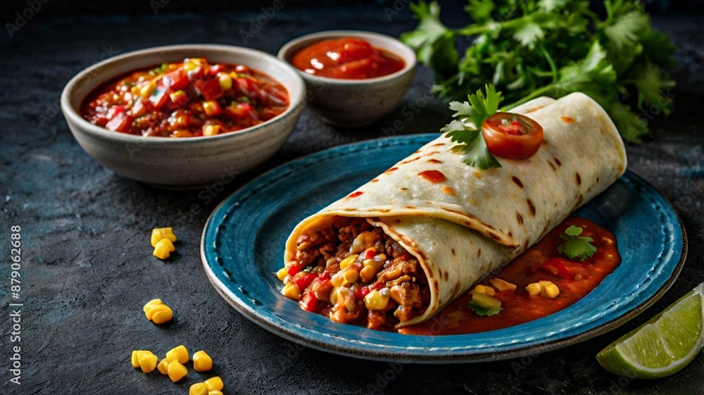 Mexican enchiladas with copy space on colorful background