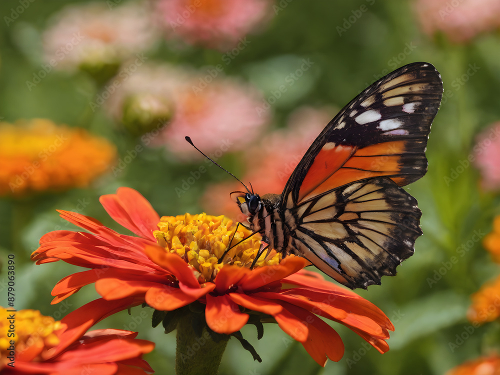 Butterfly on Zinnia Blooms Butterfly on Zinnia Blooms