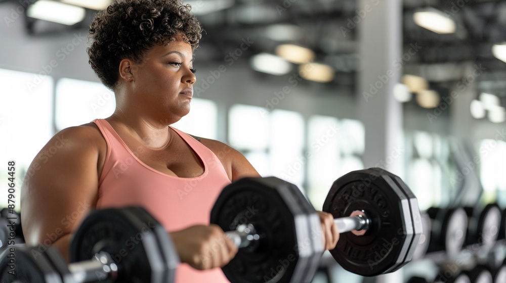 Plus-size woman in a fitness setting, showcasing strength and empowerment, embracing her shape and promoting health and well-being Plus-size woman in a fitness setting, showcasing strength and empowerment, embracing her shape and promoting health and well-being