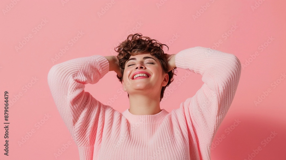 Plus-size woman in a casual setting, celebrating her shape with a radiant smile, exuding confidence and self-assurance Plus-size woman in a casual setting, celebrating her shape with a radiant smile, exuding confidence and self-assurance