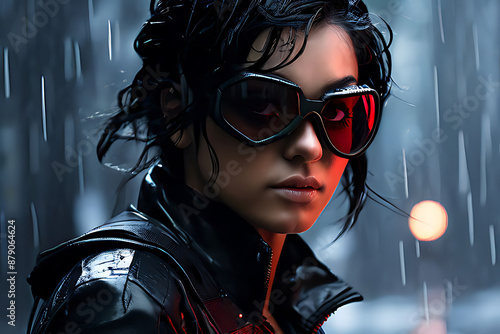  a young woman with short black hair and red eyes wearing a black leather jacket and a pair of futuri, a woman with long hair and sunglasses dressed in raincoat is standing in the rain on a city stree photo