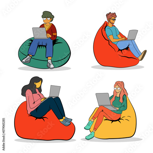 illustration of people working on a laptop and sitting on a lazy sofa