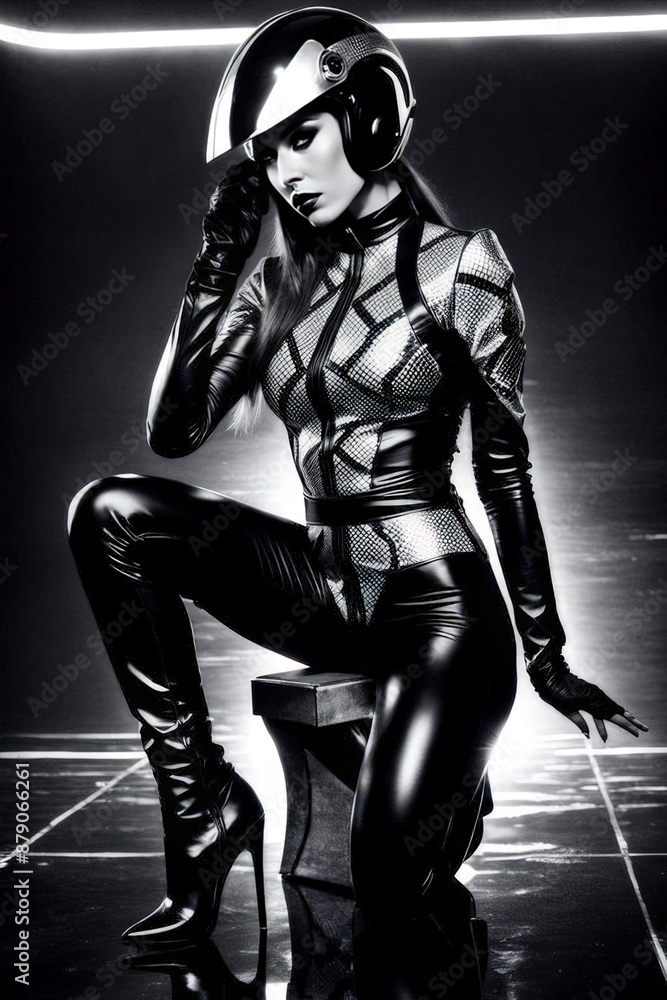 Futuristic Fashion: Woman in Sleek Black Latex Suit and Helmet in Dramatic Monochrome Futuristic Fashion: Woman in Sleek Black Latex Suit and Helmet in Dramatic Monochrome
