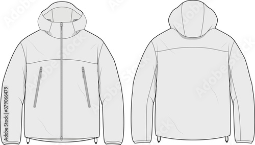 Hooded windbreaker jacket technical CAD fashion illustration front and back views Template for Outerwear Design and Sportswear Tech Packs photo