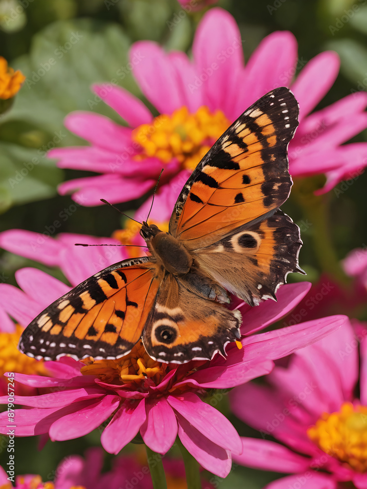 Fototapeta premium Butterfly on Zinnia Blooms