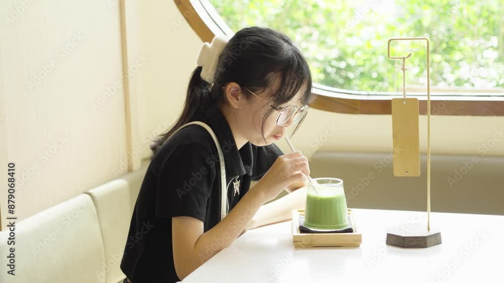 Young girl is sitting in a cafe enjoying a refreshing green matcha latte Young girl is sitting in a cafe enjoying a refreshing green matcha latte