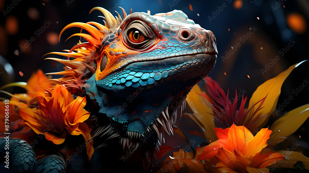 3D Illustration of a Lizard in Flowers 3D Illustration of a Lizard in Flowers