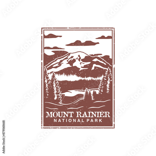 mount rainier national park vector illustration in stamp style.